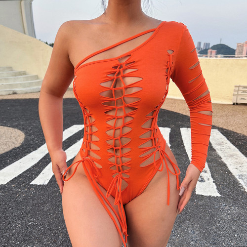 Solid Single Sleeve Hollow Out Bodysuit Top