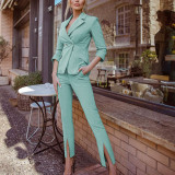 Turndown Collar Long Sleeve Blazer and Slit Pant 2PCS Set