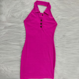 Plain Color Halter Backless Button Stand Collar Bodycon Dresses