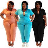 Plus Size Short Sleeves Zip Hoody Jumpsuit with Pockets