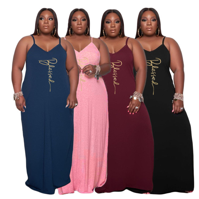 Plus Size Letter Print Loose Cami Maxi Dress