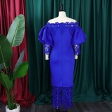 Solid Off Shoulder Lace Panel Balloon Sleeve Long Party Dress