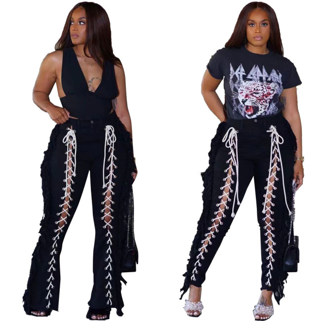 Trendy Black Contrast Lace Up Trousers