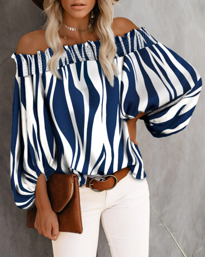 Striped Off Sholder Shirred Bubble Sleeve Blouse