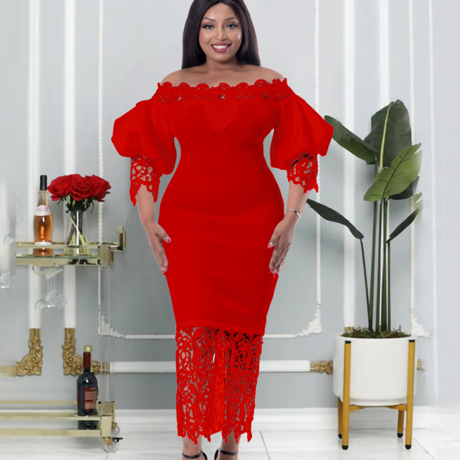Solid Off Shoulder Lace Panel Balloon Sleeve Long Party Dress
