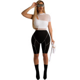 Mesh Patchwork Contrast Rompers With One Shoulder Crop Top 2PCS