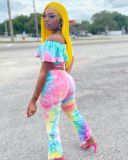 Ruffle Tie Dye Crop Top and Flared Pants 2PCS Outfits