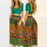 Puff Sleeve Elegant Green Top and Ethnic Print Wide Leg Pants Two Pieces
