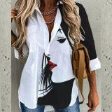 Print Button Open Long Sleeves Blouse