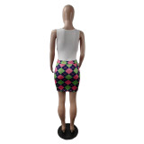 White Sleeveless Bodysuit and Print Mini Skirt 2PCS Set