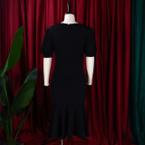 Plain Color V-Neck Elegant Short Sleeve Mermaid Midi Dress