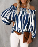 Striped Off Sholder Shirred Bubble Sleeve Blouse