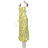 Yellow Floral Cami Slit Long Dress