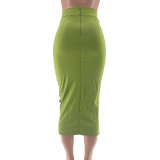 Solid Color Ruched Bodycon Midi Skirt