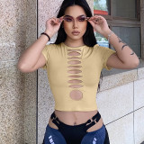 Khaki O-Neck Cut Out Crop Top