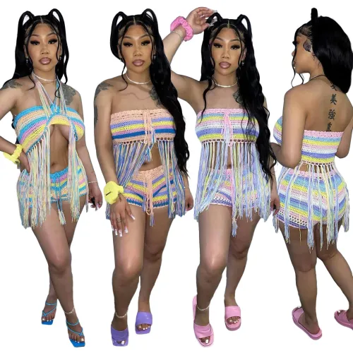 Colorful Crochet Tassel Beachwear 2PCS Shorts Set