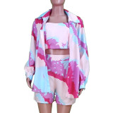 Tie Dye Print Cami Crop Top and Shorts with Long Sleeves Long Blouse 3PCS Set