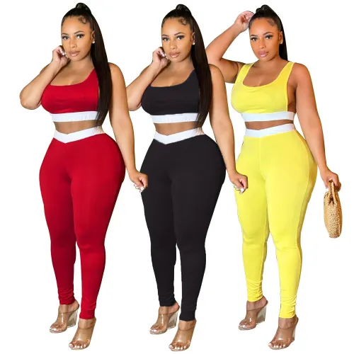 Contrast Panel Cropped Tank Top and Pants Two Pieces