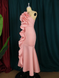Pink Ruffle Low Back Mermaid Evening Dress