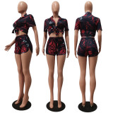 Print Silk Short Sleeves Blouse and Drawstring Shorts 2PCS Set