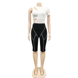 See Through Mesh Hollow Out Short Bodysuit & Contrast Shorts 2PCS Set