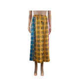 Plaid Elastic Waist Slit Long Skirt(without belt)