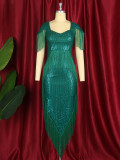 Green Irregular Tassel Sequin Party Dress
