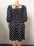 Plus Size Vintage Square Neck Dot Print Shirred Dress