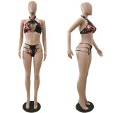 Print Cami Halter Hollow Out Bikini and Long Cardigan 3PCS Set