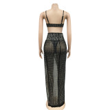Rhinestone Bra Top and See Through Mesh Slit Long Skirt Tassel 2PCS Set