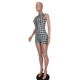 Sleeveless Houndstooth Print Tight Rompers