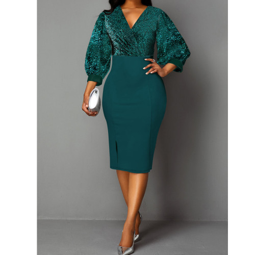 Shiny 3/4 Sleeve Plus Size Slim Bodycon Office Dress