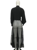 Mesh Patchwork Long Sleeve Maxi Blouse Dress(without belt)