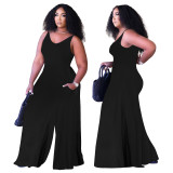 Pure Color V-Neck Sleeveless Wide Leg Jumpsuit with Pockets