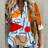 Print Button Open Long Sleeves Blouse
