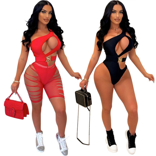 Cut Out Bodycon Bobysuit and Shorts 2PCS Set with Belt