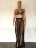 Shiny Cami Halter Bikini and Mesh Skirt 3PCS Set