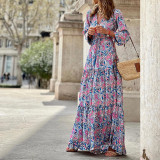 Print Long Sleeves V-Neck Maxi Dress