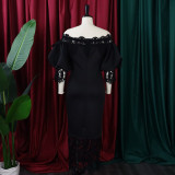 Solid Off Shoulder Lace Panel Balloon Sleeve Long Party Dress