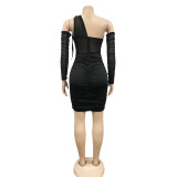 One Shoulder Mesh See Through Wrist Sleeves Mini Dress