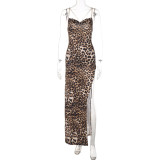 Leopard Print Backless Metal Chain Slit Cami Maxi Dress