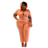 Plus Size Short Sleeves Zip Hoody Jumpsuit with Pockets