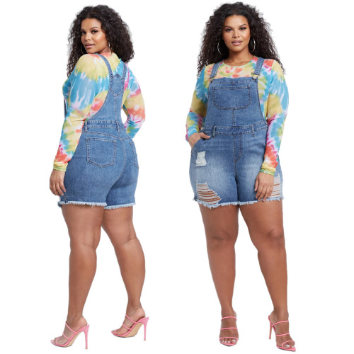 Trendy Ripped Blue Denim Supender Romper