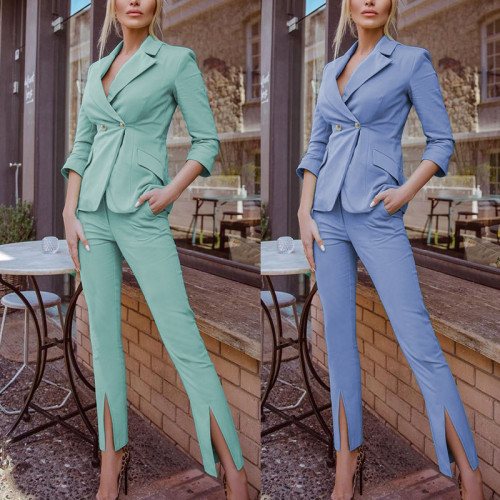 Turndown Collar Long Sleeve Blazer and Slit Pant 2PCS Set