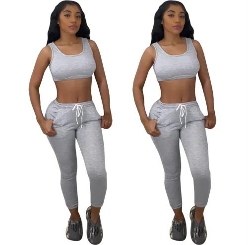 Grey Sleeveless Tank Crop Top and Drawstring Pants 2PCS Set