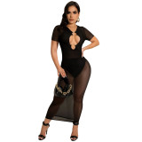 Solid See Through Mesh Cut Out Short Sleeve Long Dress