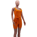 Solid Color Button Trim Sleeveless Belt Rompers
