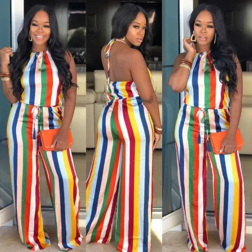 Colorful Stripes Cami Halter Drawstring Jumpsuit
