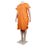 Plus Size Short Sleeves Ruffled Loose Midi Dress