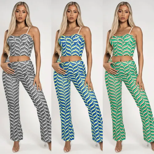 Print Cami Elasticated Crop Top and Flared Pants 2PCS Set